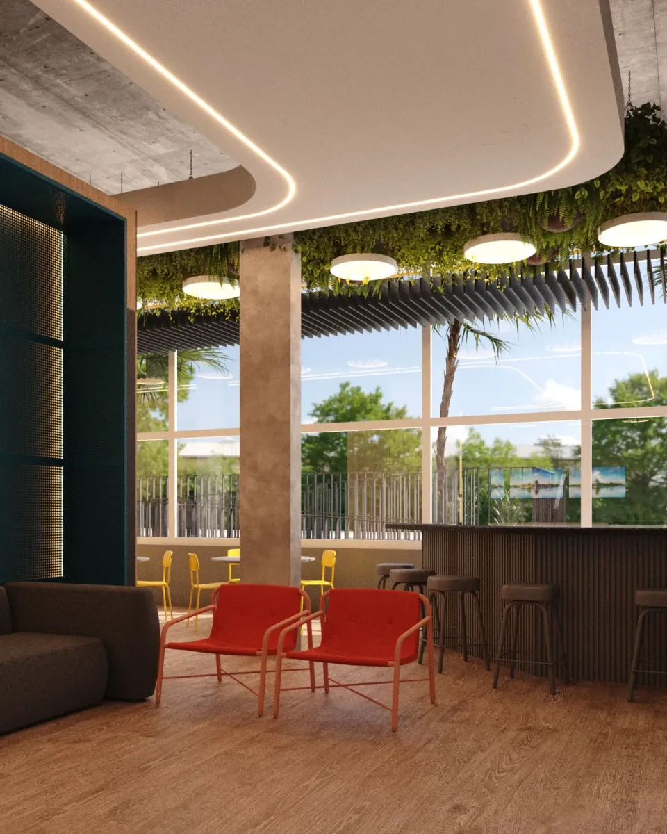 Projeto da recepção CMD Solar, com poltronas, mesas e espaço para café