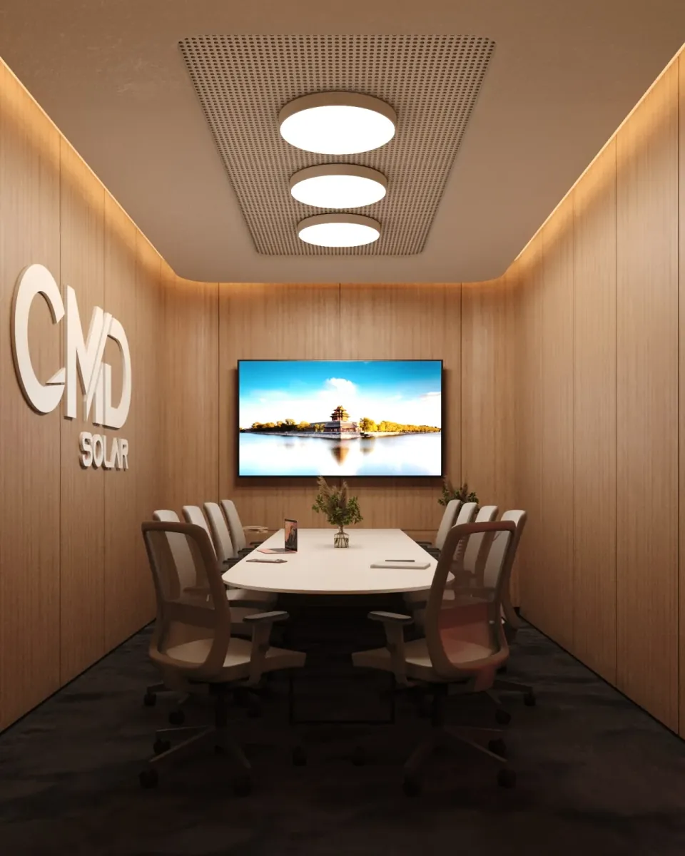 Projeto da sala de reunião CMD Solar, com mesa e tela para apresentar os projetos